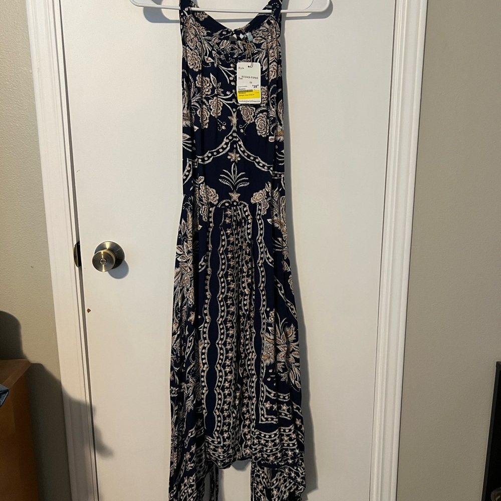 Navy and Beige Floral Maxi Dress